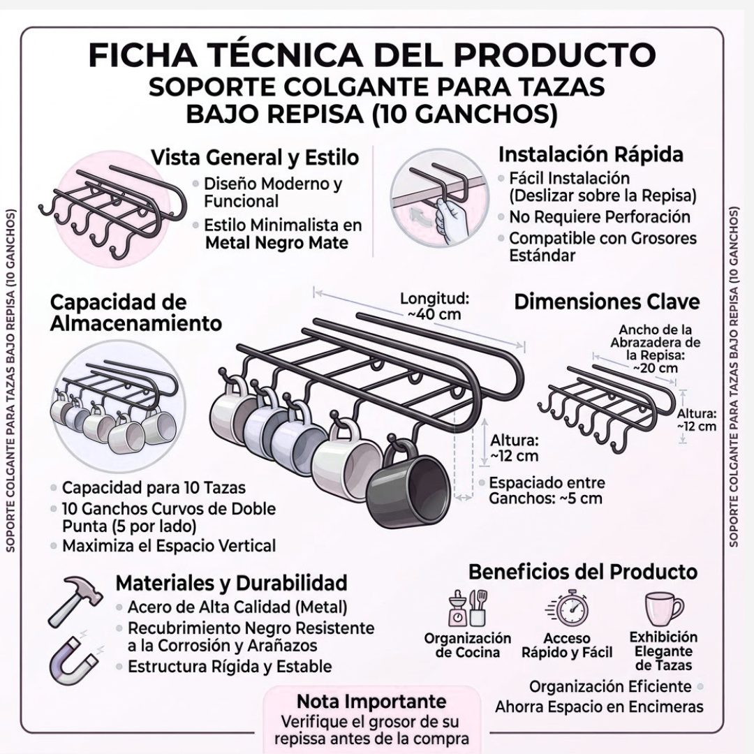 Soporte Colgante para Tazas bajo Repisa con 10 Ganchos | Organizador de Cocina