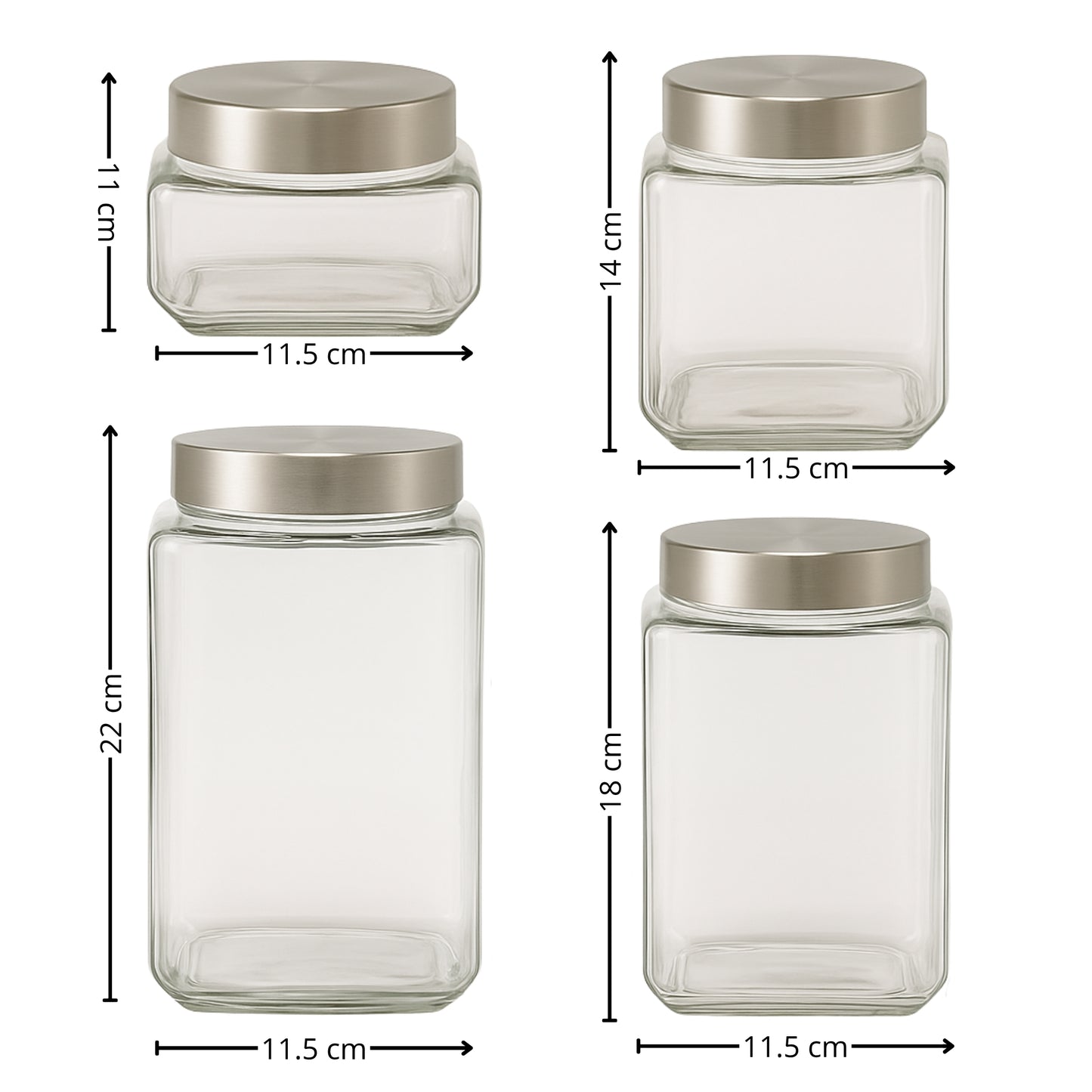Set de 4 frascos de vidrio con tapa 2 L, 1.6 L, 1.2 L, 800 ml