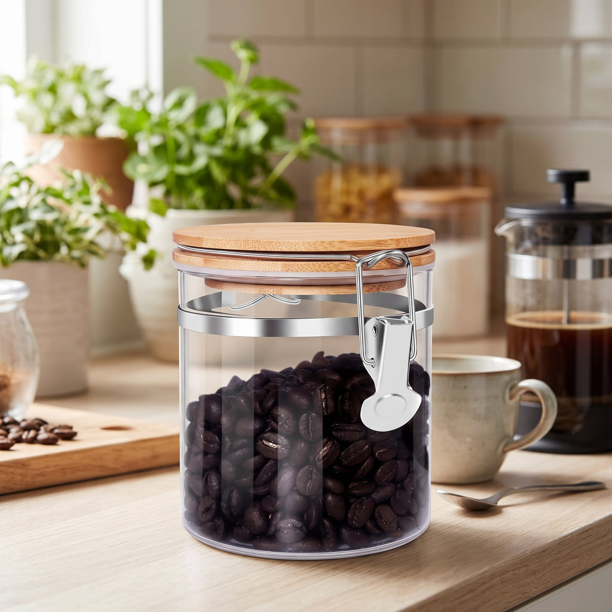 Frasco de Vidrio Hermético de 550 ml con Tapa de Bambú y Clip Metálico