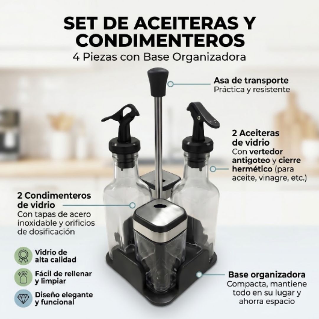 Set de 2 Aceiteras y 2 Condimenteros de Vidrio con Base Organizadora