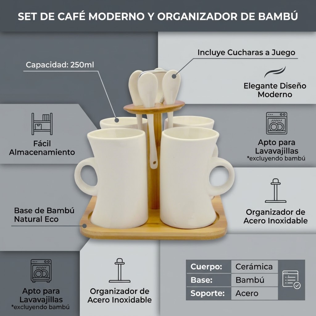 Set de 4 Tazas de Cerámica Blanca con 4 Cucharas y Soporte de Bambú Organizador