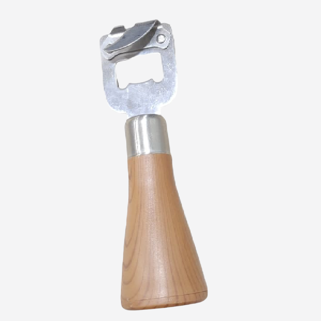 Abrelatas de acero con mango de plástico con diseño de madera
