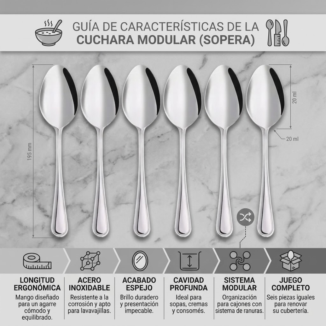 Juego de 6 Cucharas para Sopa de Acero Inoxidable