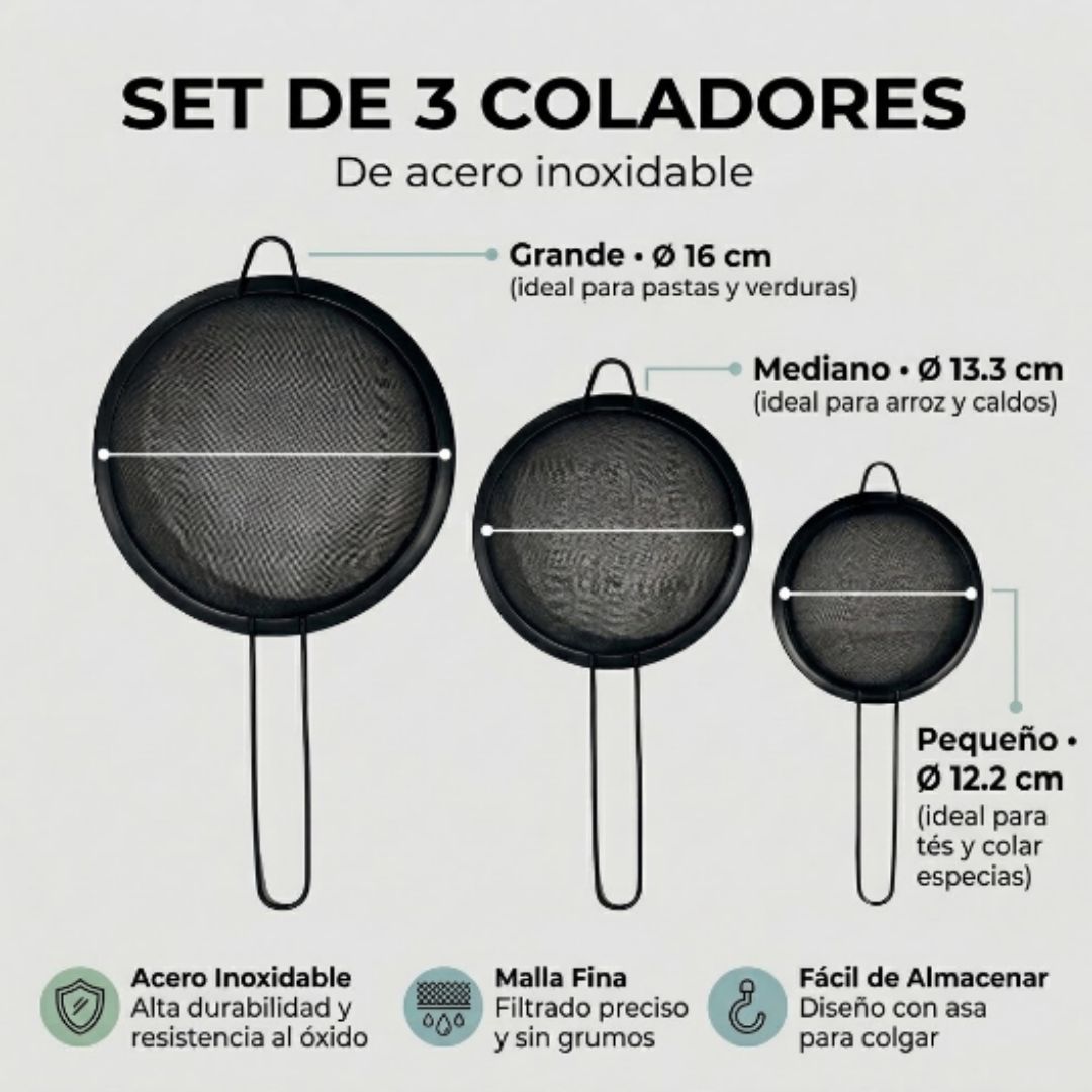 Set de 3 Coladores de Acero Inoxidable – Malla Fina Multiusos