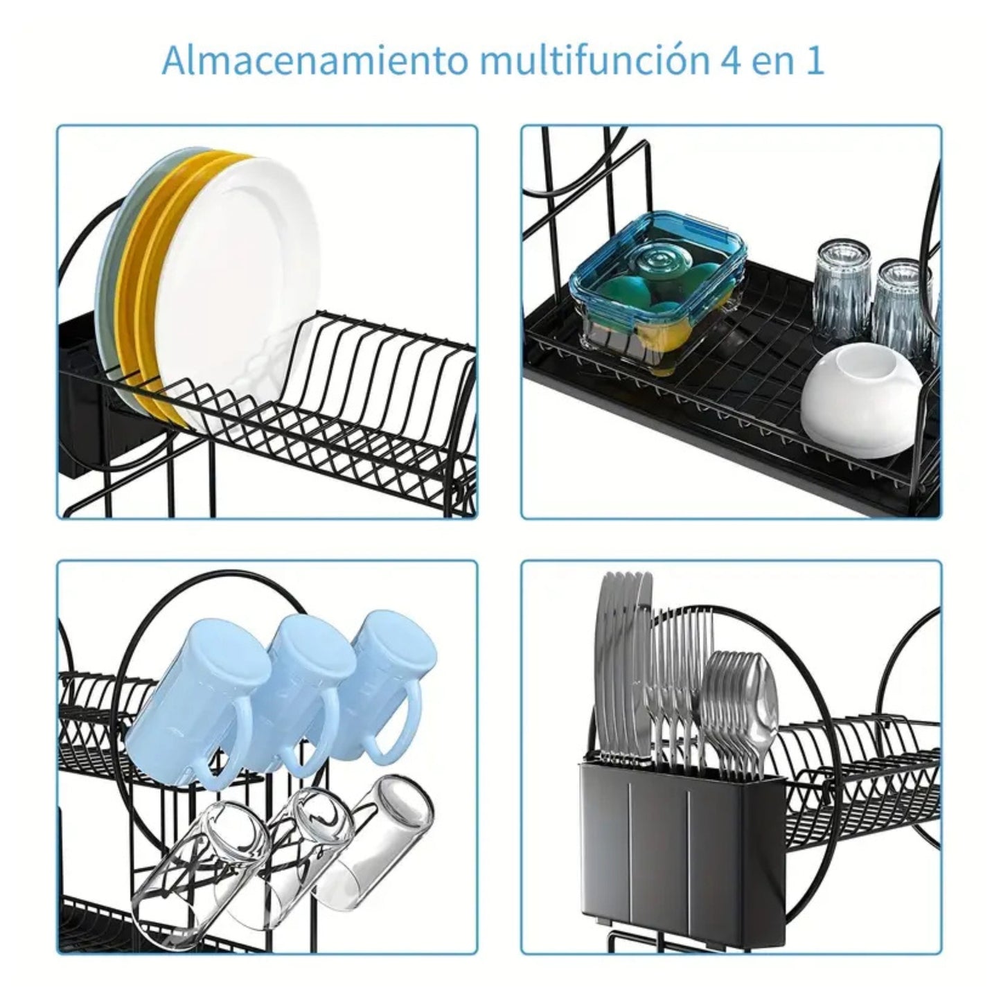 Escurridor 2 niveles con charola y doble porta utensilios