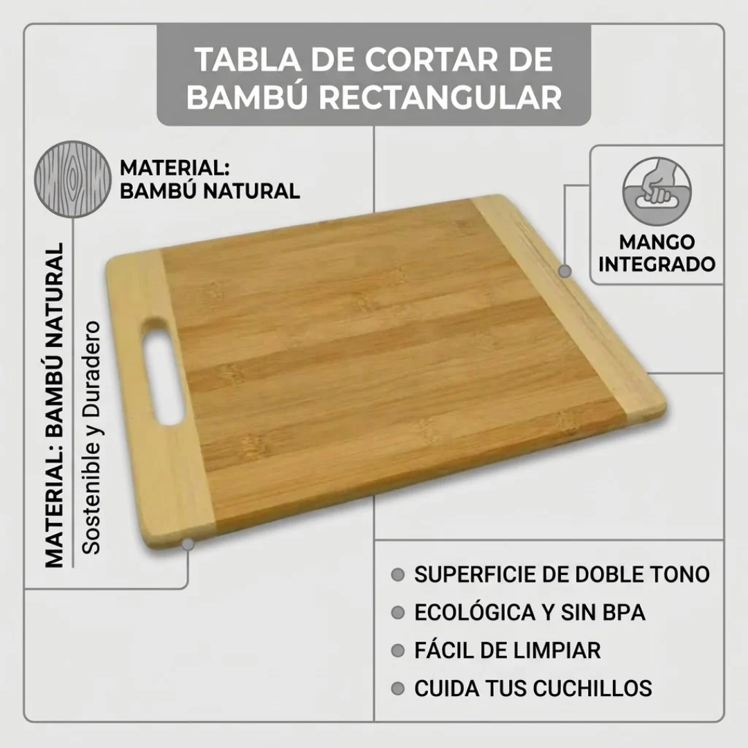 Tabla para Picar de Bambú Natural con Asa Ergonómica y Bordes Reforzados para Cocina