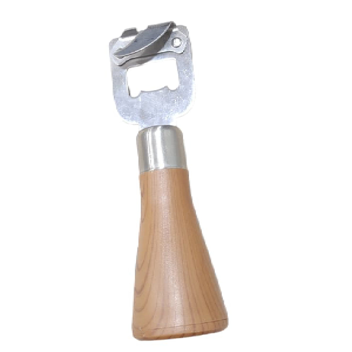Abrelatas de acero con mango de plástico con diseño de madera