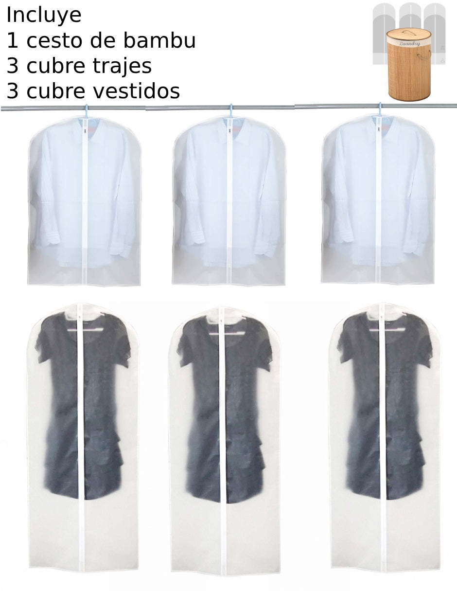 Set de 7 piezas, Cesto de bambú con tapa, 3 porta trajes, 3 cubre vestidos