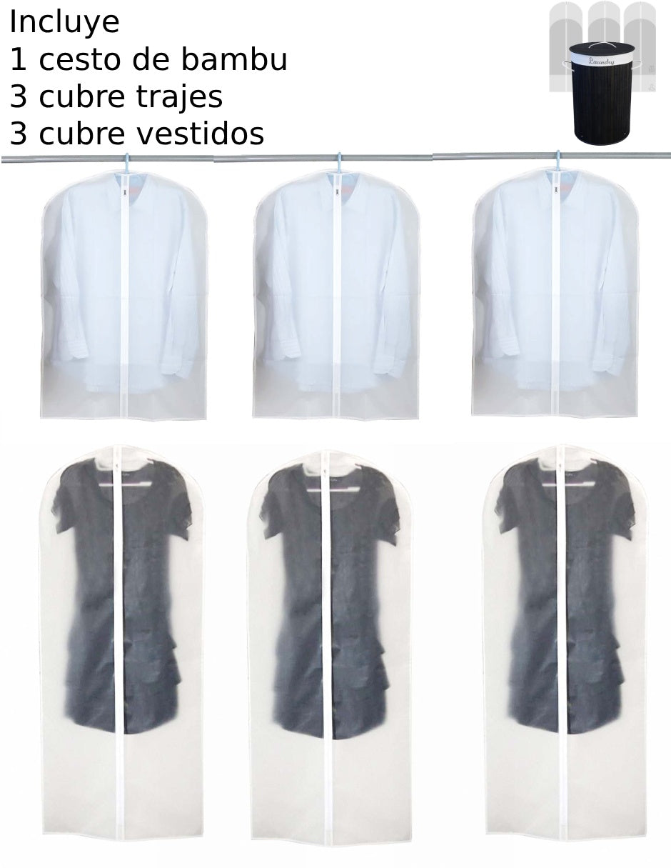 Set de 7 piezas, Cesto de bambú con tapa, 3 porta trajes, 3 cubre vestidos