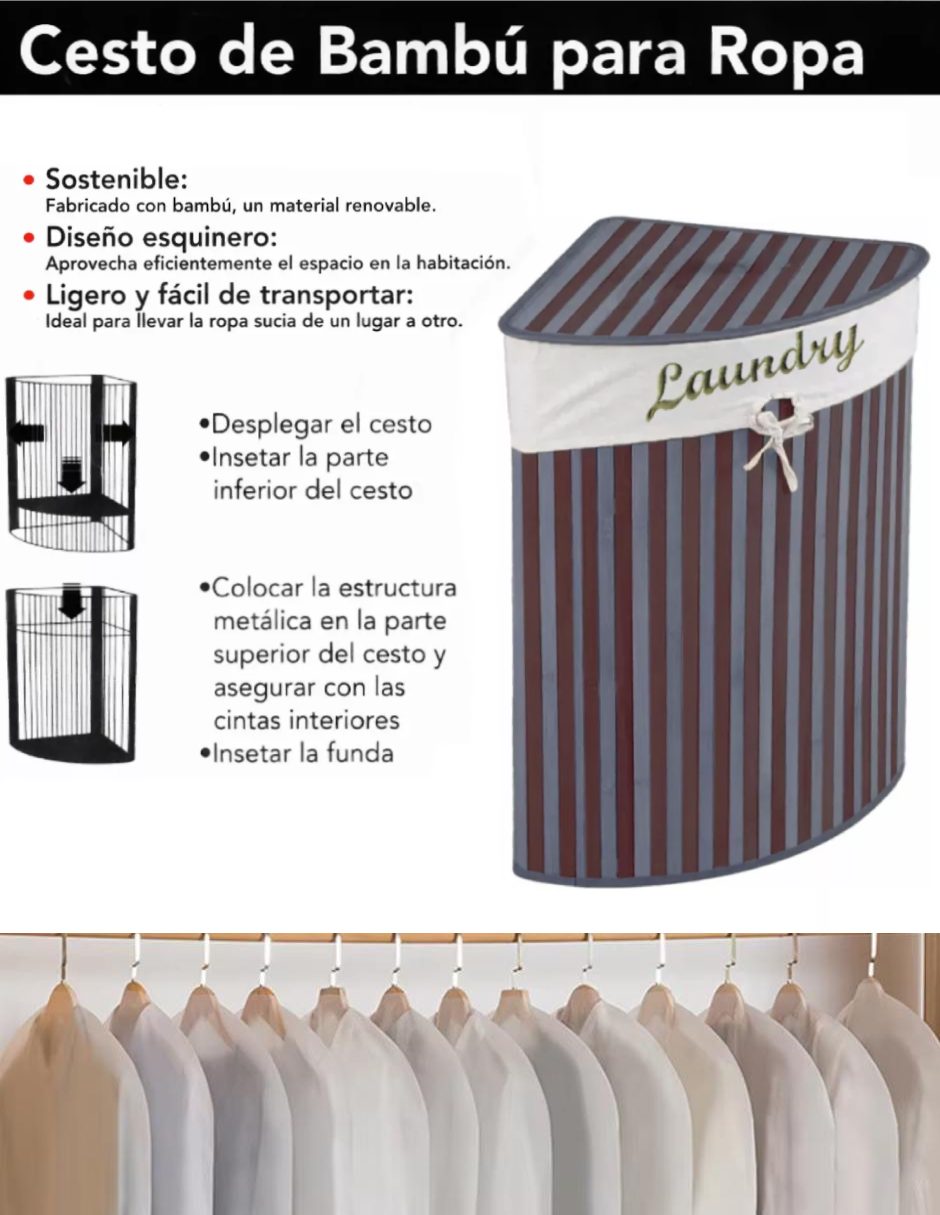 Set de 7 piezas, Cesto de bambú con tapa, 3 porta trajes, 3 cubre vestidos