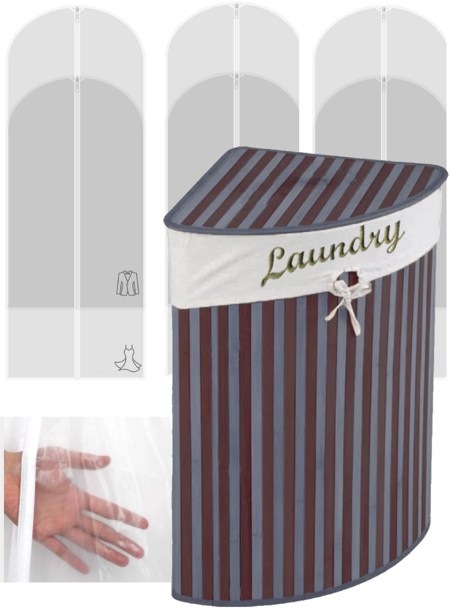 Set de 7 piezas, Cesto de bambú con tapa, 3 porta trajes, 3 cubre vestidos