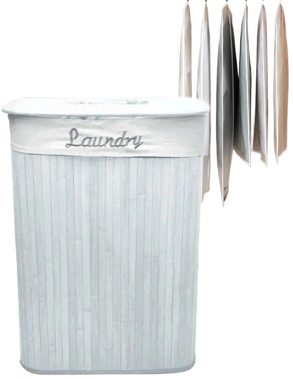 Set de 7 piezas, Cesto de bambú con tapa, 3 porta trajes, 3 cubre vestidos