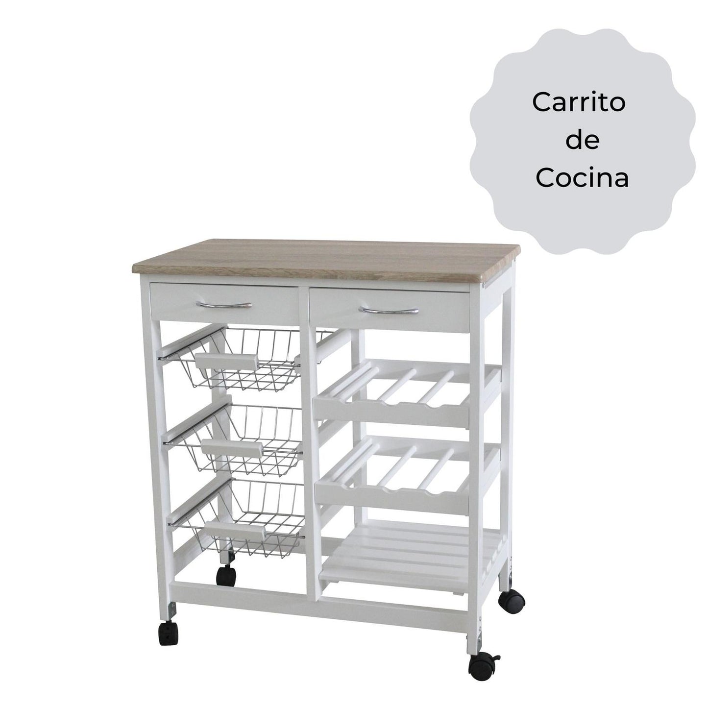 Carrito De Servicio Con Ruedas, 3 Niveles, 2 Cajones, 6 Repisas