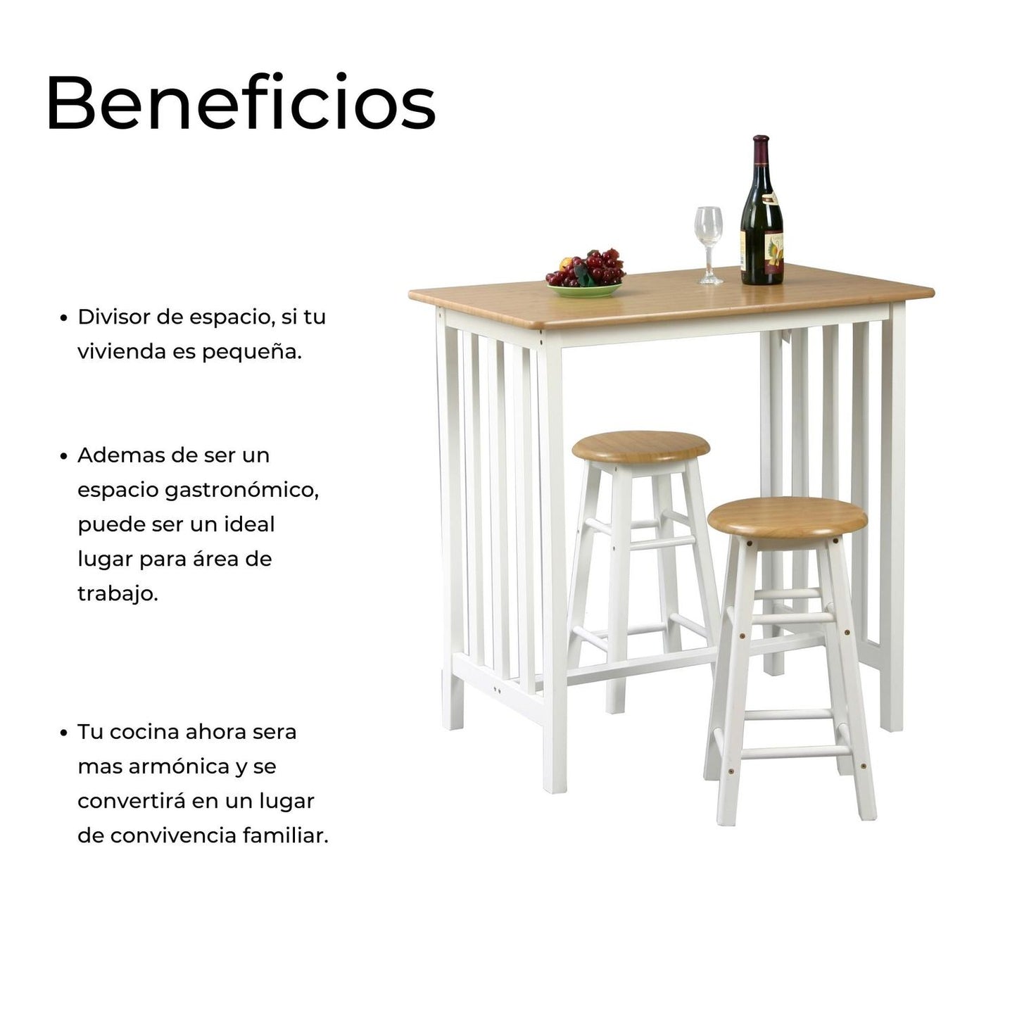 Barra Desayunador De Madera 2 Personas, Incluye Taburetes