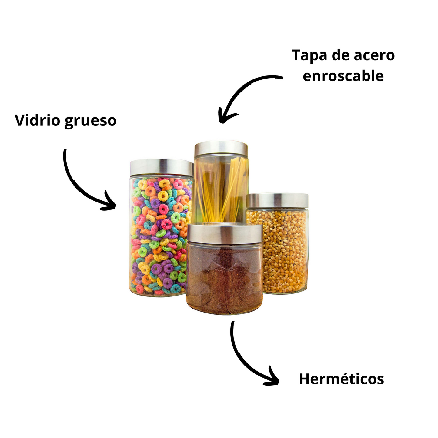 Set de 4 Frascos de vidrio con tapa 2 L, 1.6 L, 1.2 L, 800 ml