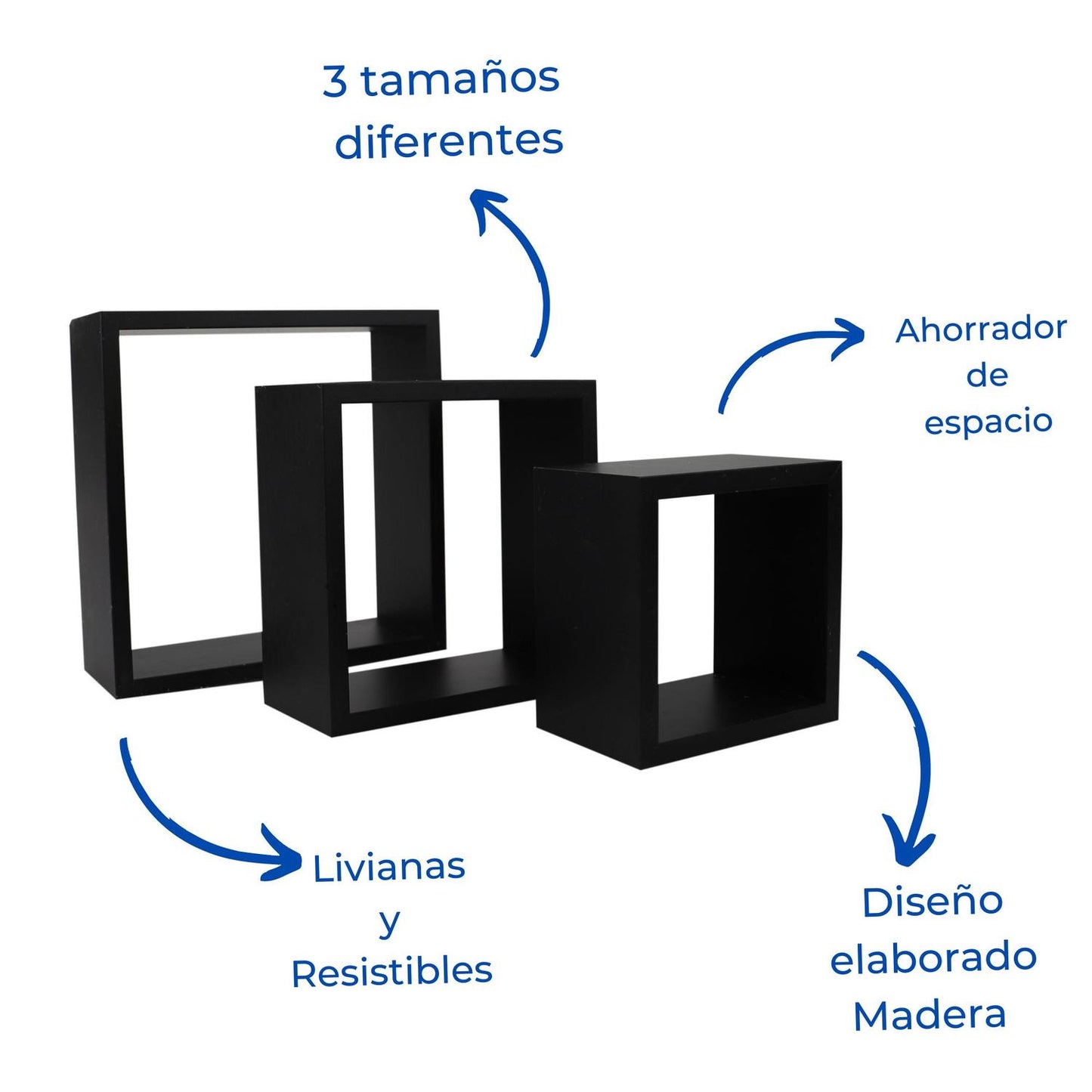 Set 3 Repisas Flotantes Cuadradas Negras