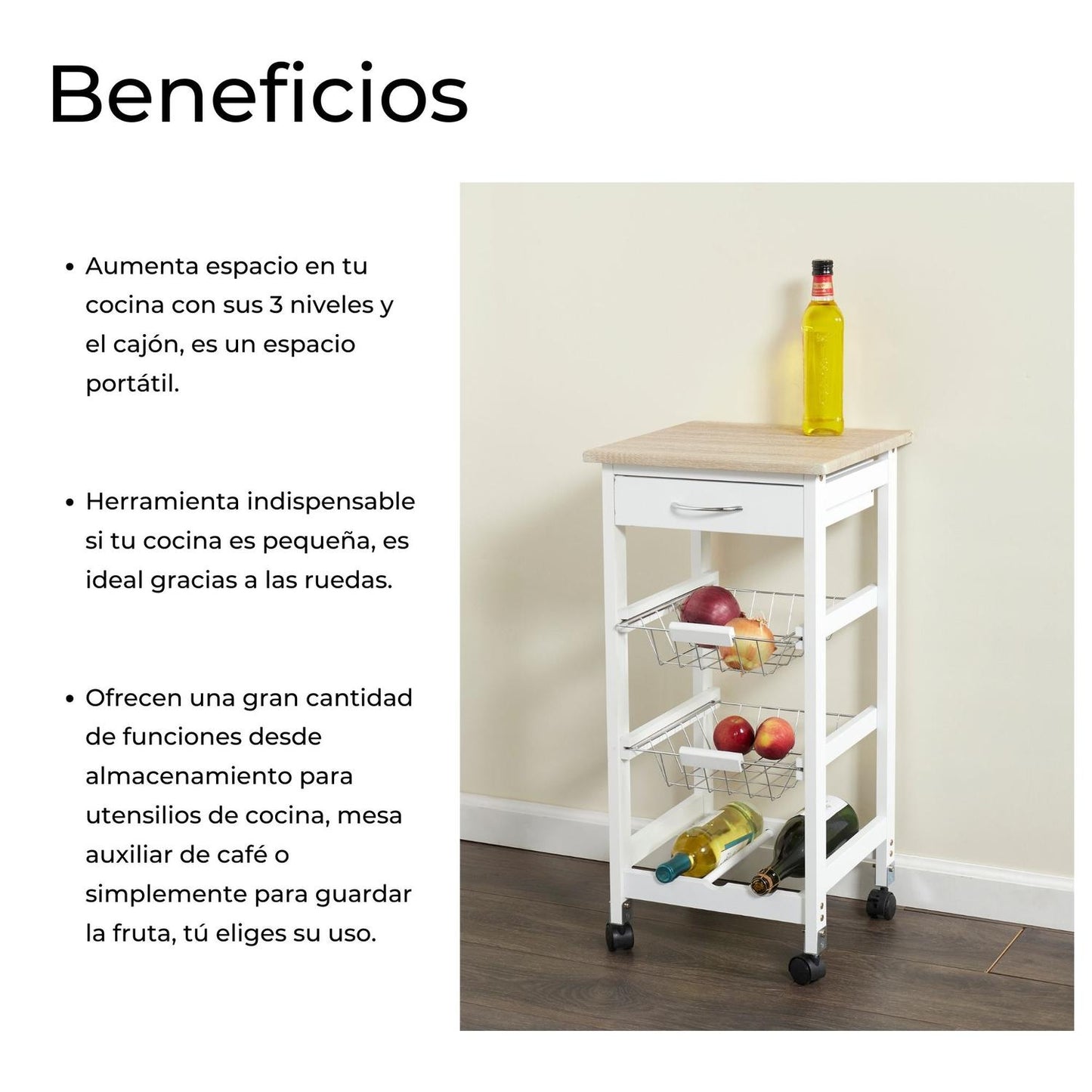 Carrito De Servicio Con Ruedas, 3 Niveles