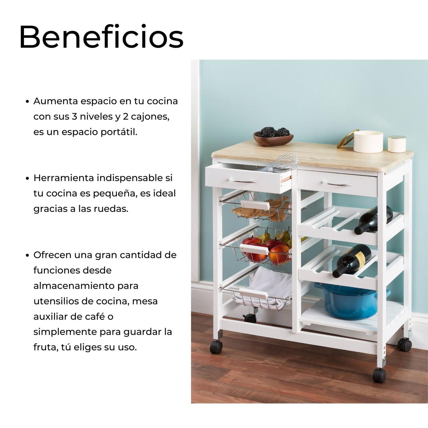 Carrito De Servicio Con Ruedas, 3 Niveles, 2 Cajones, 6 Repisas