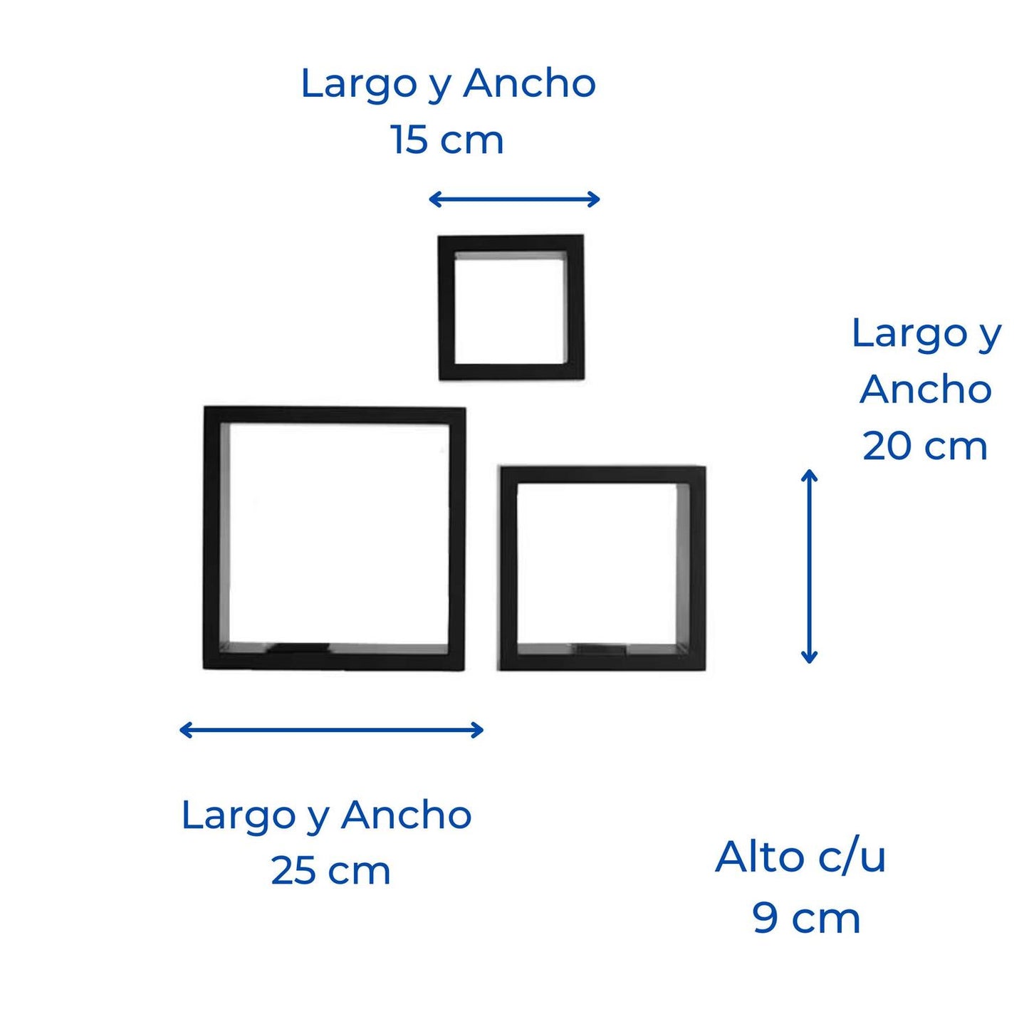 Set 3 Repisas Flotantes Cuadradas Negras