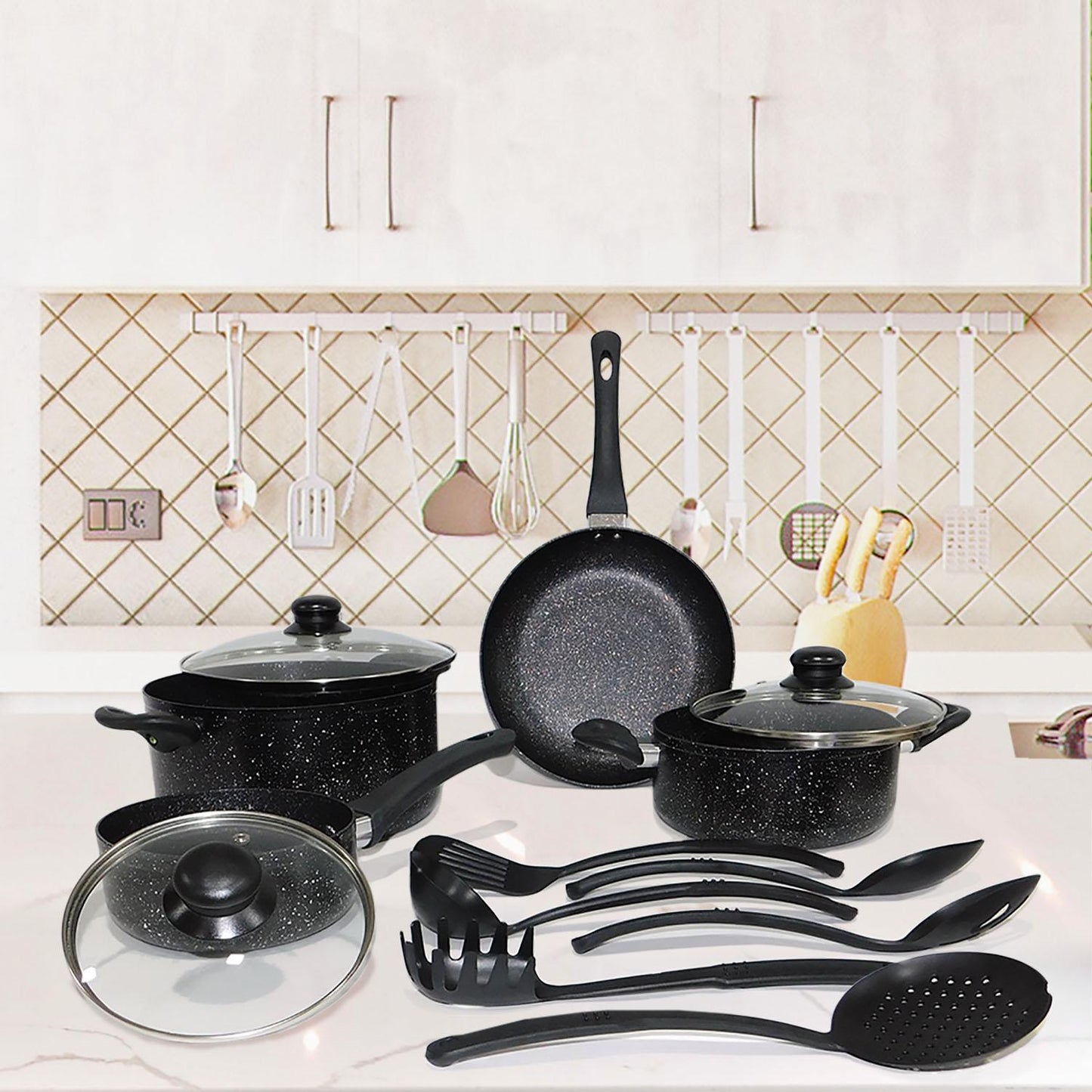 Batería de Cocina Antiadherente con Recubrimiento de Granito 13 pzas