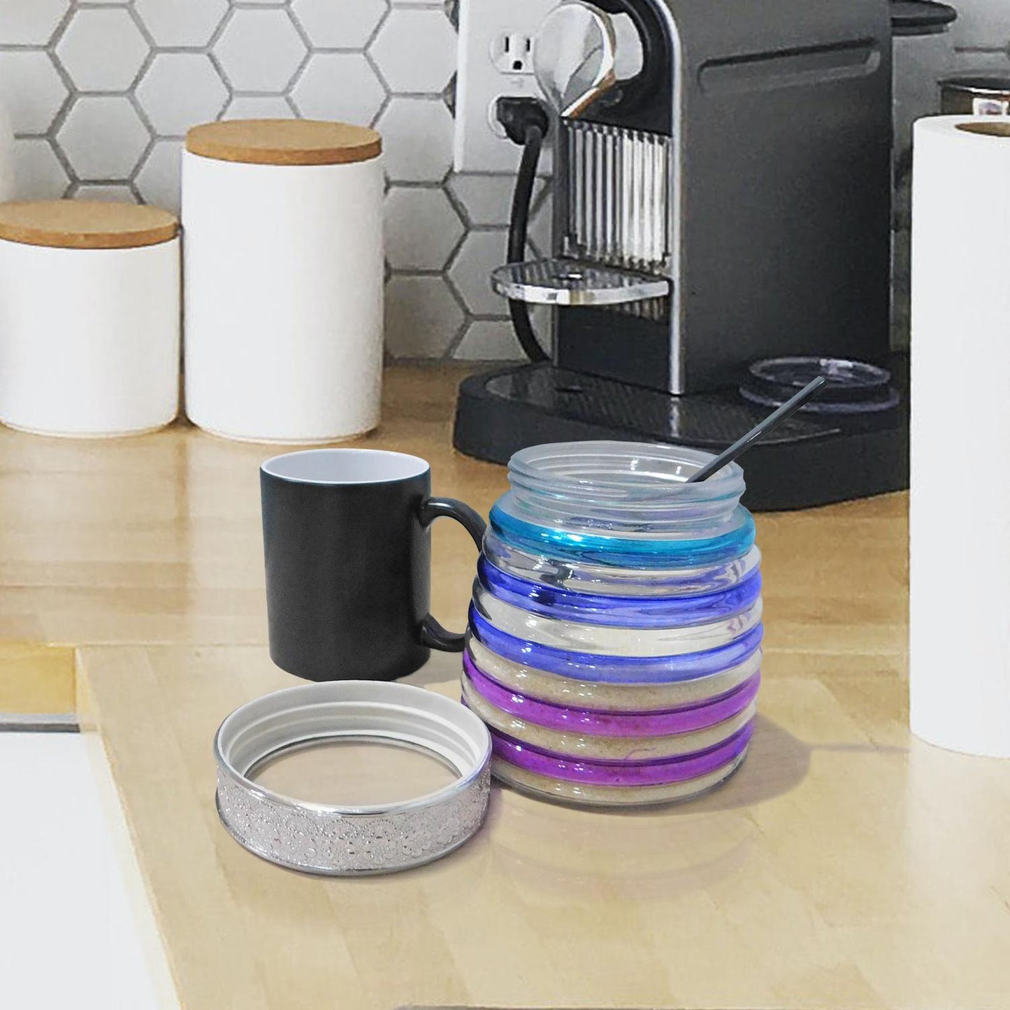 Frasco de vidrio soplado multicolor con tapa enroscable