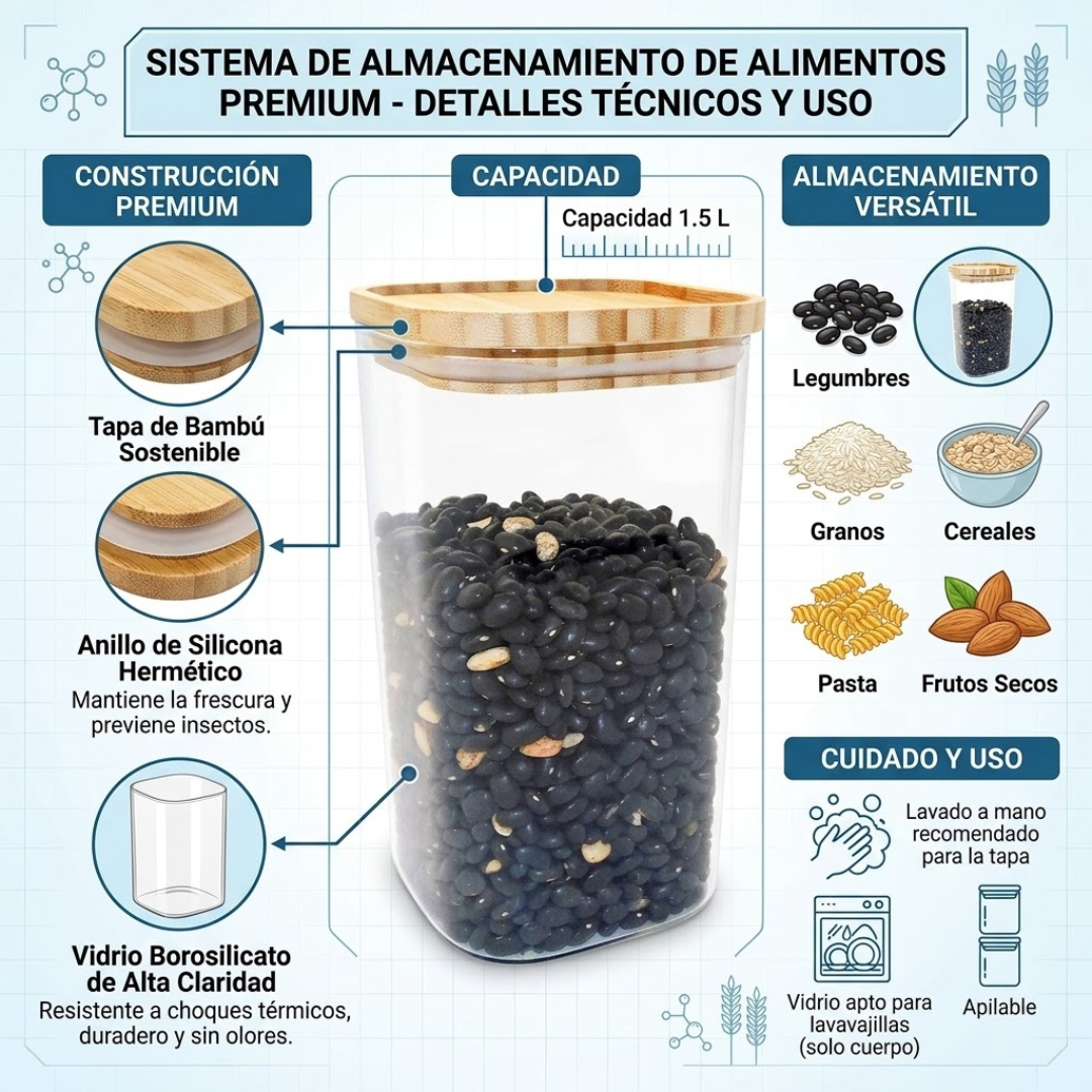 Frasco de Vidrio 1.4 Litros con Tapa de Bambú | Cocina Good & Good
