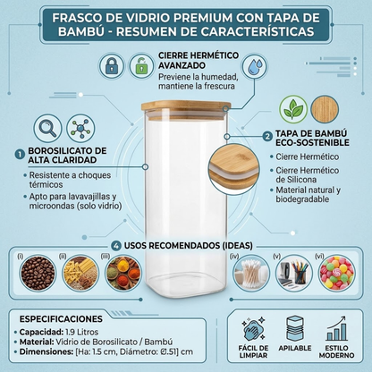 Frasco de Cristal 1.9 Litros con Tapa de Bambú para Espagueti| Good & Good