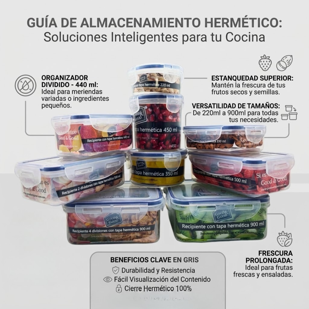 Set Completo de 9 Recipientes Herméticos Good & Good | Contenedores Multiuso con Tapas de Clip y Divisiones
