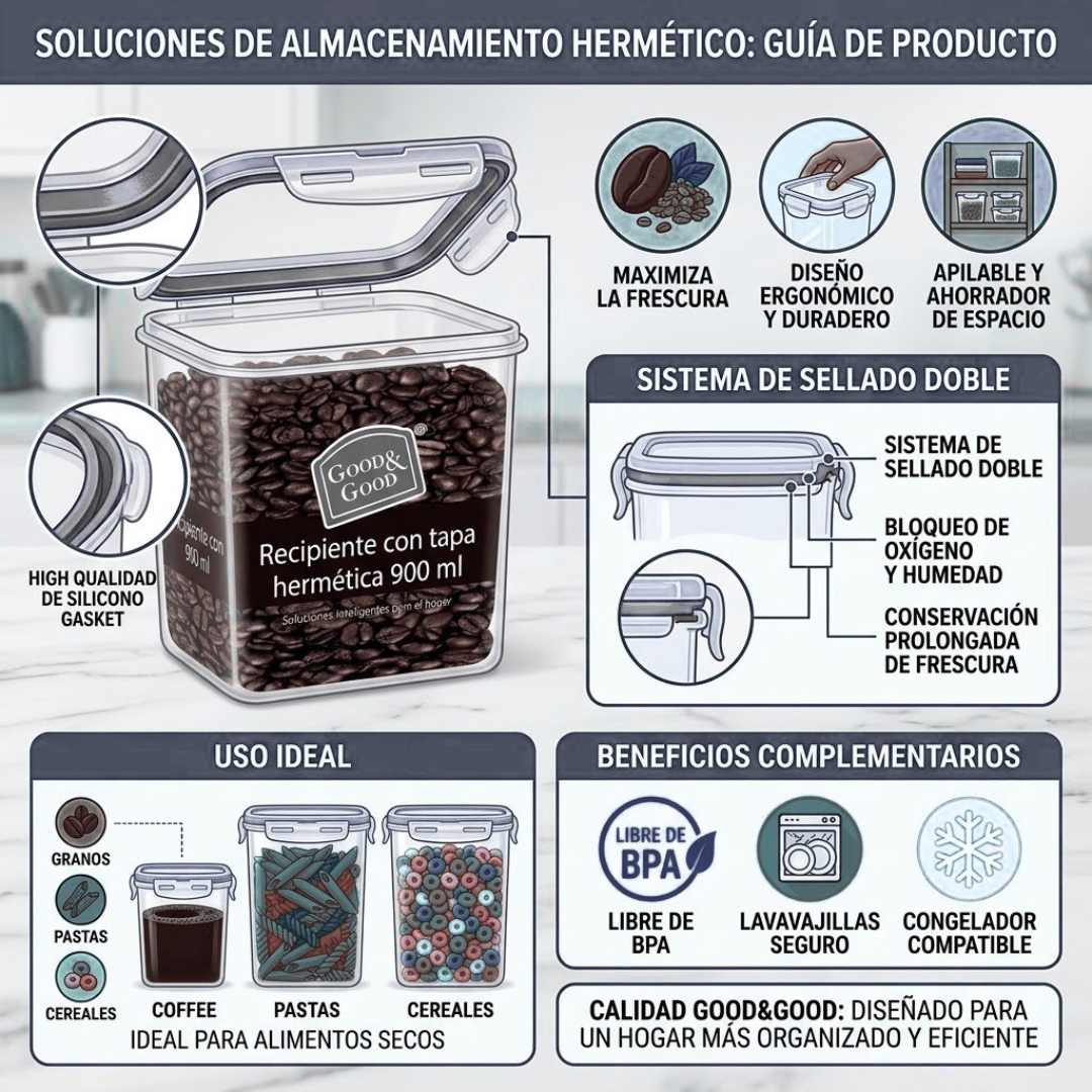 Recipiente Hermético de 900 ml con Broches | Good & Good