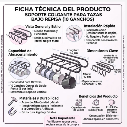 Soporte Colgante para Tazas bajo Repisa con 10 Ganchos | Organizador de Cocina
