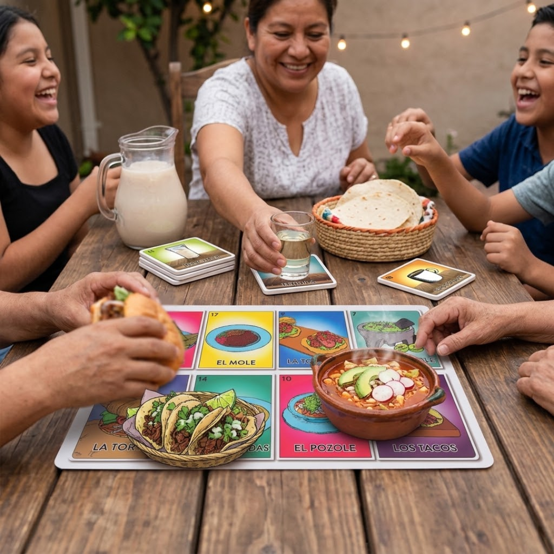 Juego de Manteles Individuales y Posavasos Diseño Lotería Mexicana Gastronómica - Set Decorativo Plástico Lavable