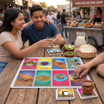 Juego de Manteles Individuales y Posavasos Diseño Lotería Mexicana Gastronómica - Set Decorativo Plástico Lavable