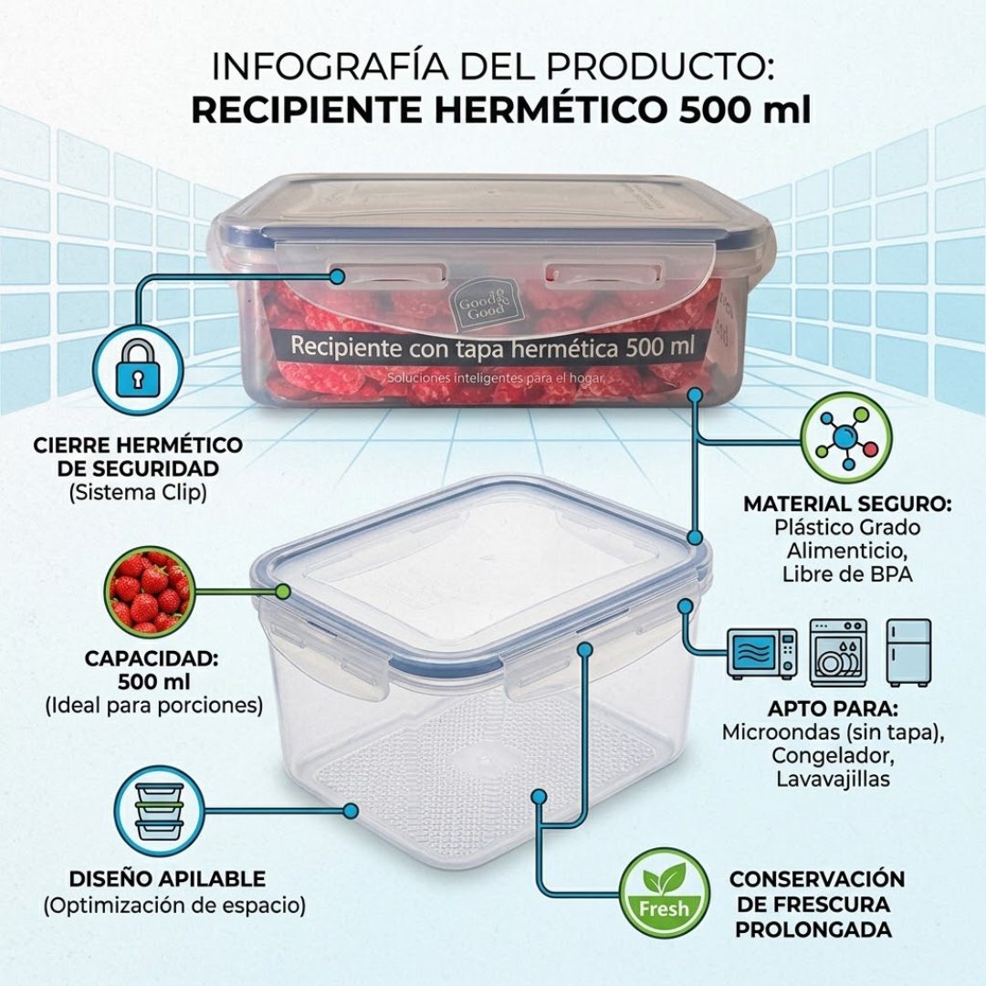 Recipiente Hermético 500 ml Good & Good | Tapa con Clips sin BPA