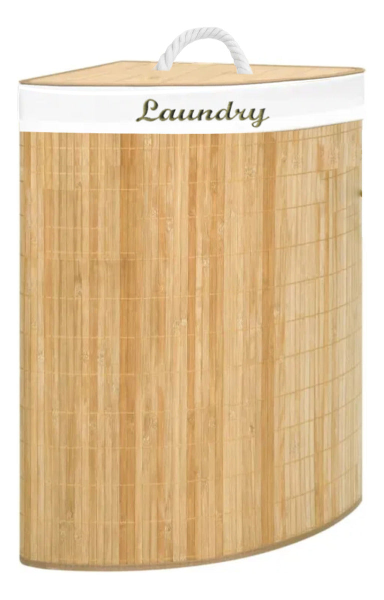 Cesto esquinero de bambú con tapa e interior de tela, bordado con letras "Laundry"