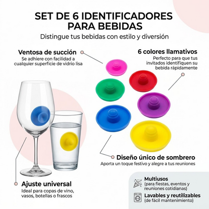 Set de 6 Identificadores de Bebidas en Forma de Sombrero | Marcadores de Copas