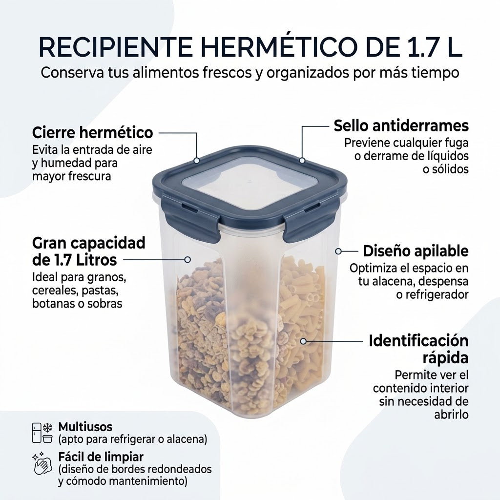 Recipiente Hermético de 1.7 L con Tapa | Contenedor para Alimentos