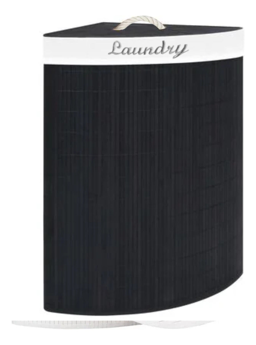 Cesto esquinero de bambú con tapa e interior de tela, bordado con letras "Laundry"