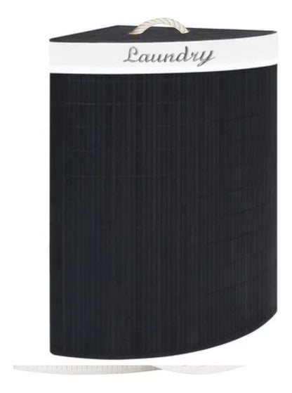 Cesto esquinero de bambú con tapa e interior de tela, bordado con letras "Laundry"