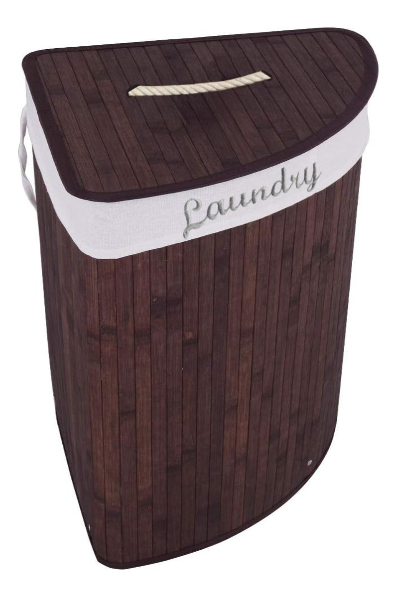 Cesto esquinero de bambú con tapa e interior de tela, bordado con letras "Laundry"