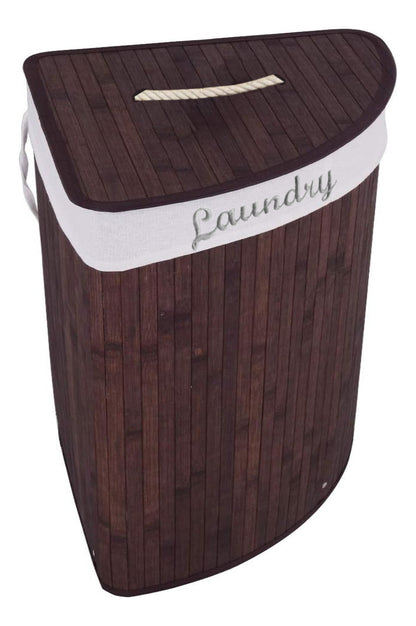 Cesto esquinero de bambú con tapa e interior de tela, bordado con letras "Laundry"