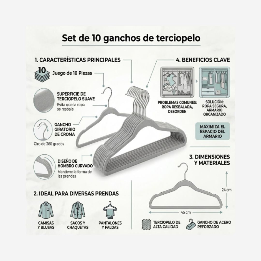 Set de 10 Ganchos de Terciopelo Gris