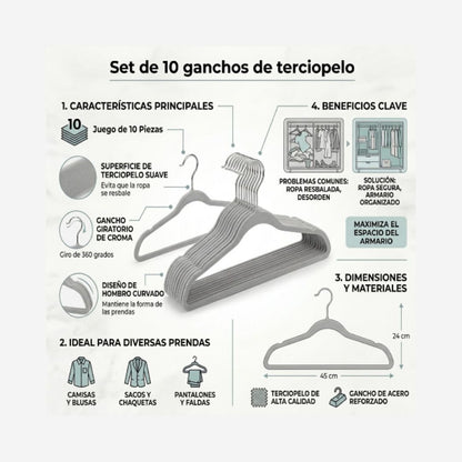 Set de 10 Ganchos de Terciopelo Gris