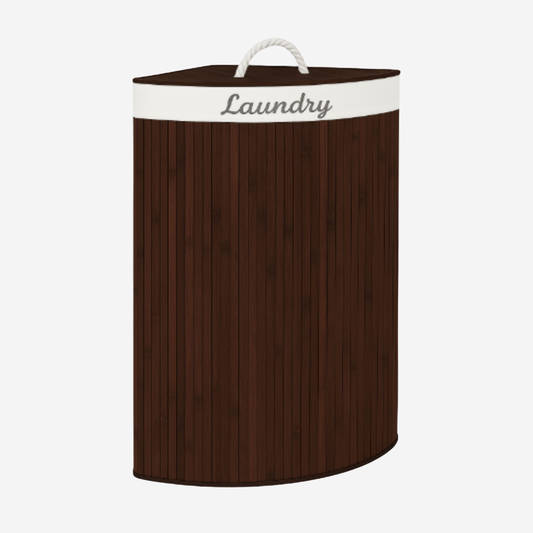 Cesto esquinero de bambú con tapa e interior de tela, bordado con letras "Laundry"