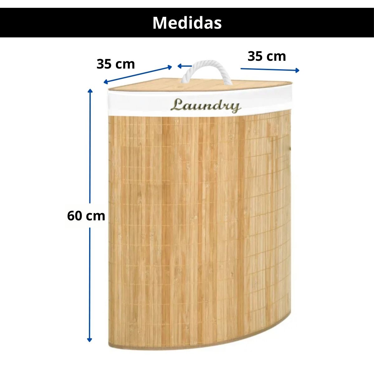 Cesto esquinero de bambú con tapa e interior de tela, bordado con letras "Laundry"