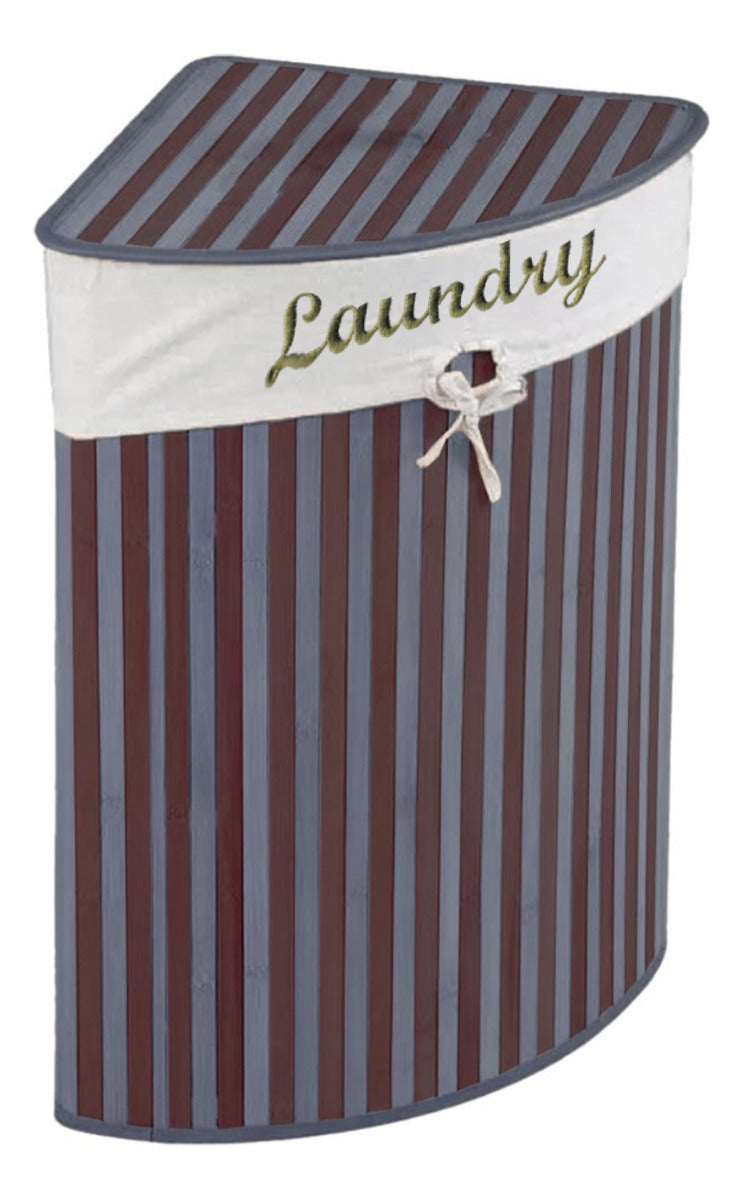 Cesto esquinero de bambú con tapa e interior de tela, bordado con letras "Laundry"