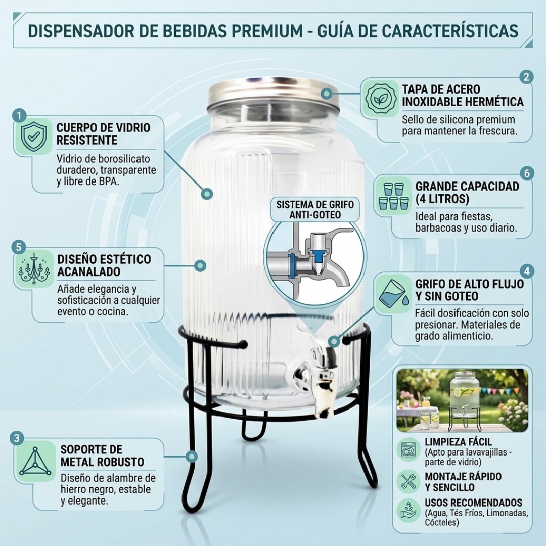 Dispensador de Agua de Vidrio 5.5 Litros Acanalado con Base | Vitrolero con Grifo