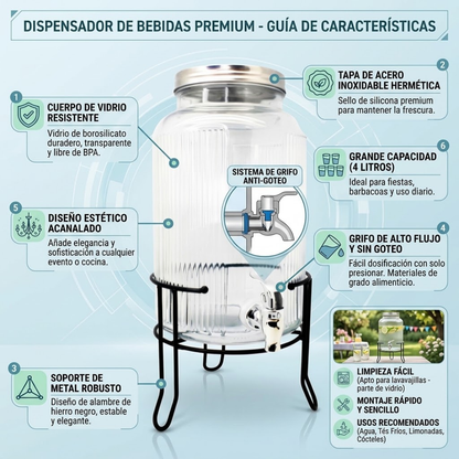 Dispensador de Agua de Vidrio 5.5 Litros Acanalado con Base | Vitrolero con Grifo