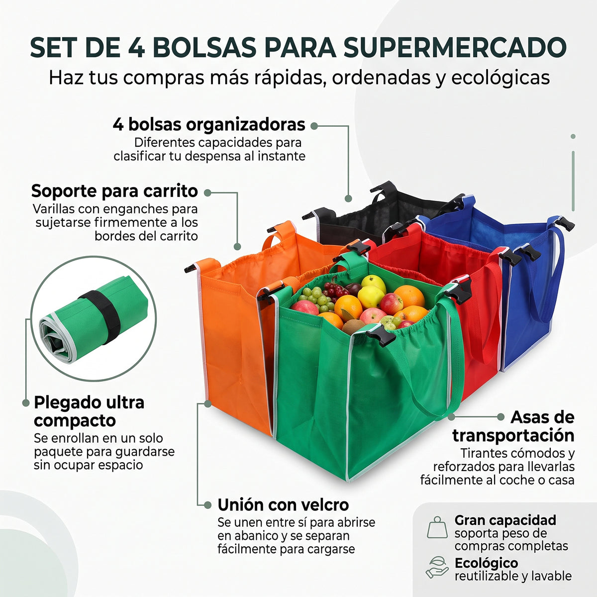 Set de 4 Bolsas para Supermercado Reutilizables Organizadoras