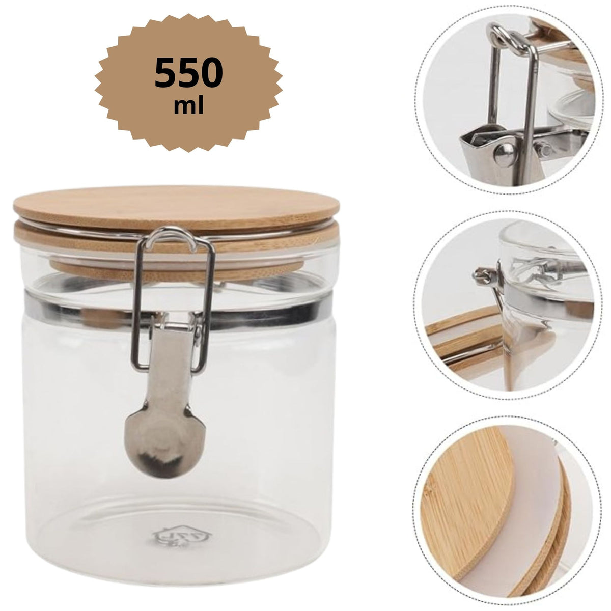 Frasco de Vidrio Hermético de 550 ml con Tapa de Bambú y Clip Metálico