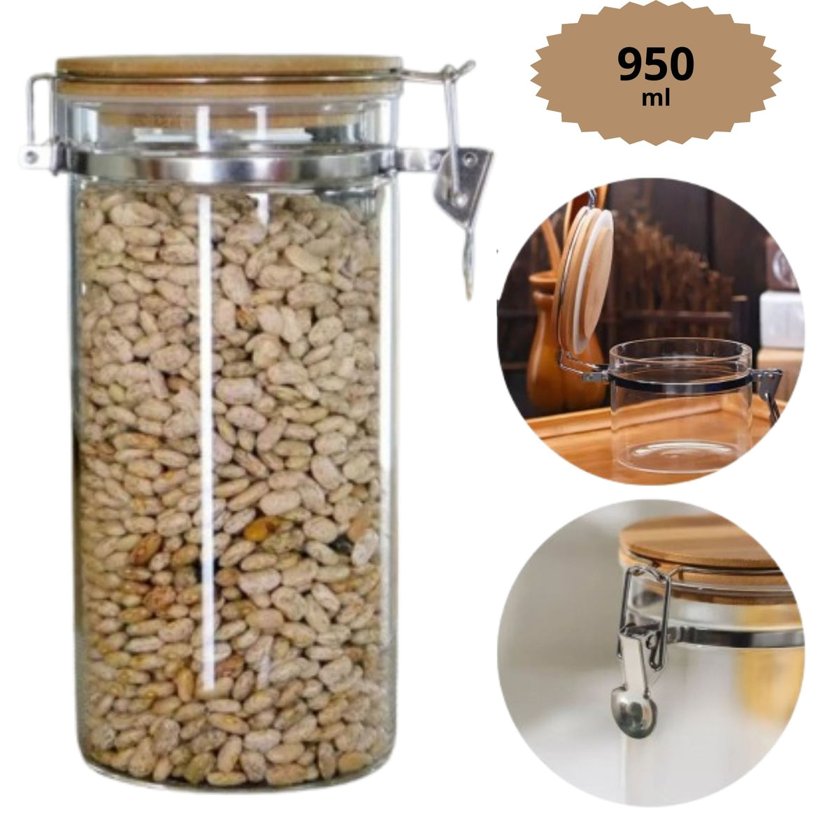 Frasco de Vidrio Hermético de 950 ml con Tapa de Bambú y Clip Metálico
